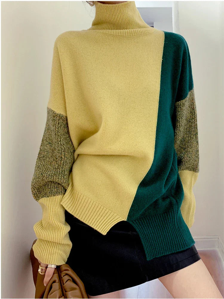 Women‘s Sweater Autumn Winter Turtleneck Jumpers New In Thick Warm Loose Long Sleeve Spliced Knitted Sweater Tops Pullover