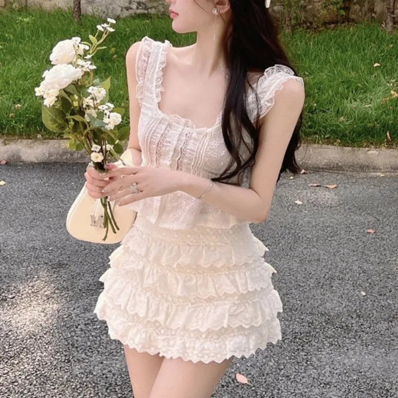 maoxiangshop Sweet Women's Summer New Fashion Patchwork Ruffles Lace Hollow Out Sleeveless Slim Suspenders Tops Cake Half Skirt Two Piece Set