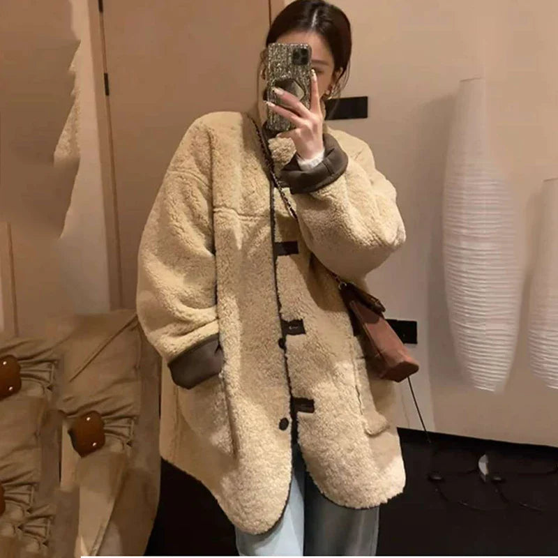 maoxiangshop - Autumn Winter Lamb Wool Jacket Women's Loose Coats Harajuku Warm Outerwear Long sleeve Cotton Padded Jacket