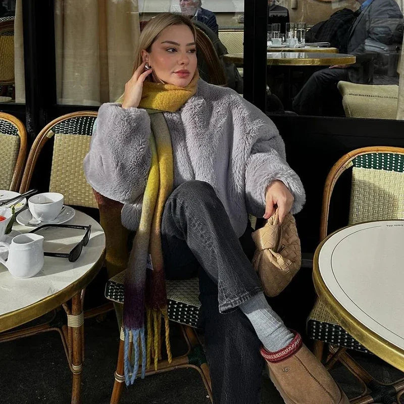 maoxiangshop - 2024 Winter Faux Rabbit Fur Coat Women Chic Fashion Soft Warm Furry Fur Jacket Street Style Girl Outerwear Overcoat
