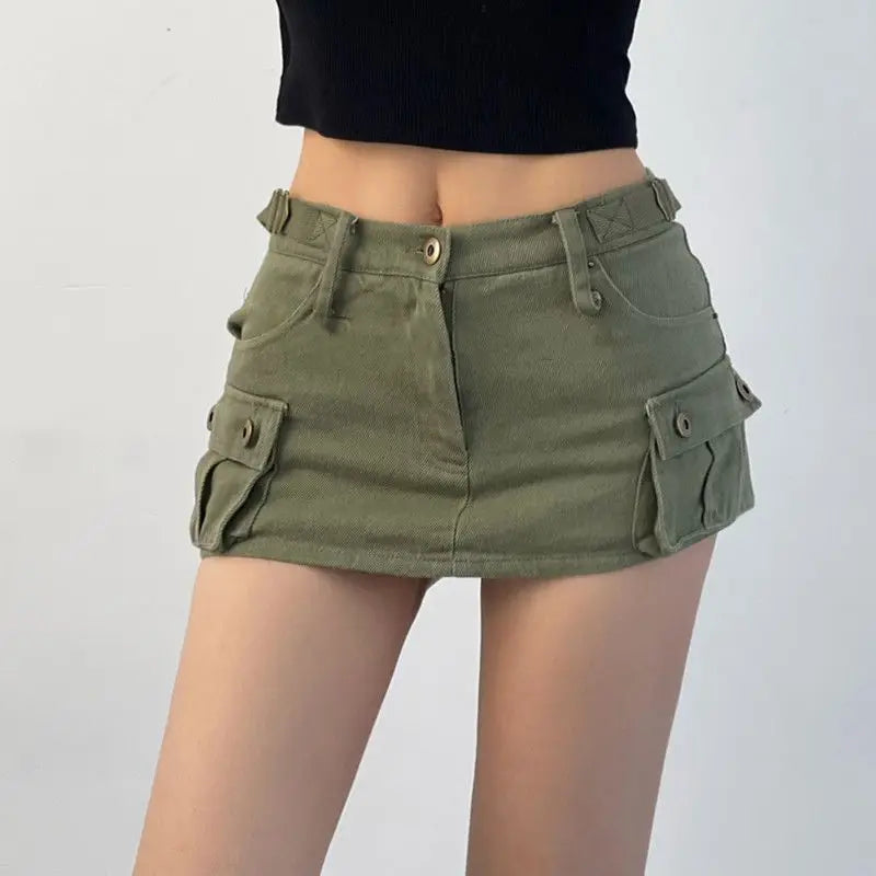 maoxiangshop Denim Cargo Mini Skirt Women Korean Style Low Waist Slim Sexy Vintage Streetwear Green Jean Skirt Y2k Girl Summer