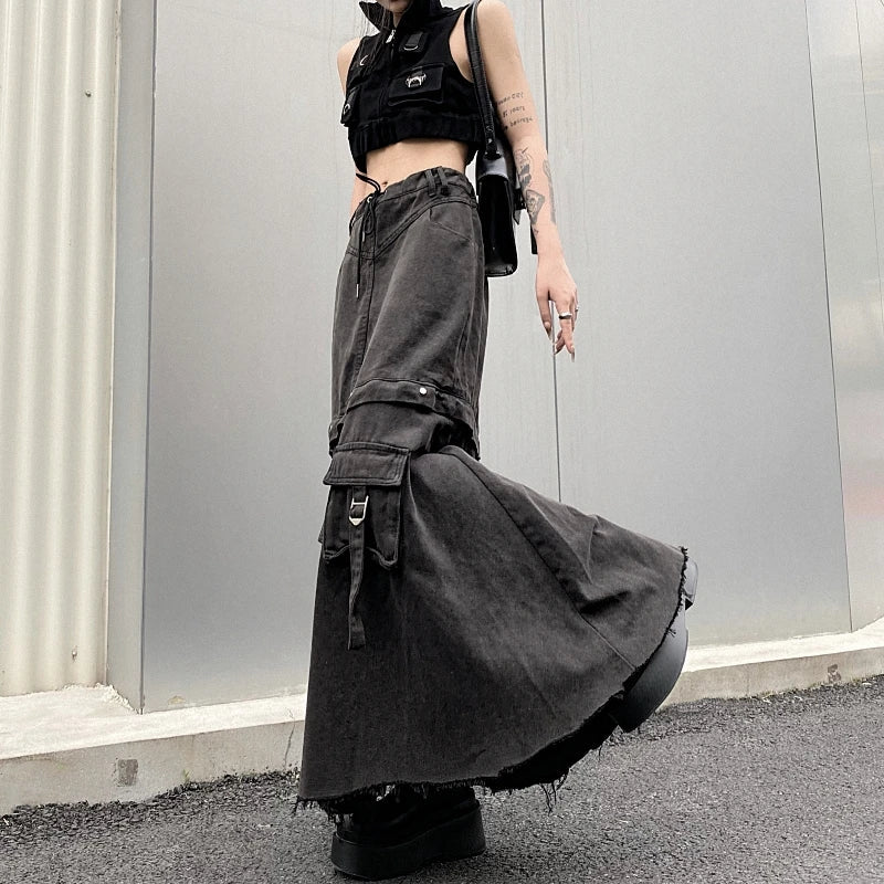 Spring Women Vintage Baggy Streetwear Denim Skirt Grunge 00S High Waist Y2K High Street Basic A-Line Lady Pockets Skirt