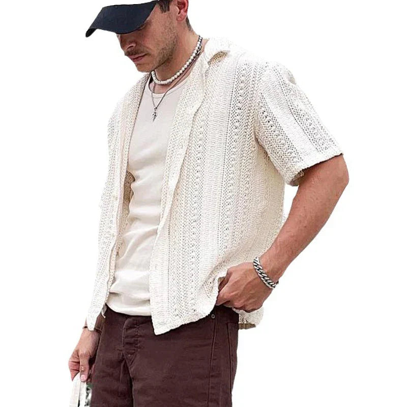 maoxiangshop Vintage Embroidery Knitting Mens Shirts Summer Beach Fashion Loose Short Sleeve Knit Tops For Men New Casual Knitted Cardigans