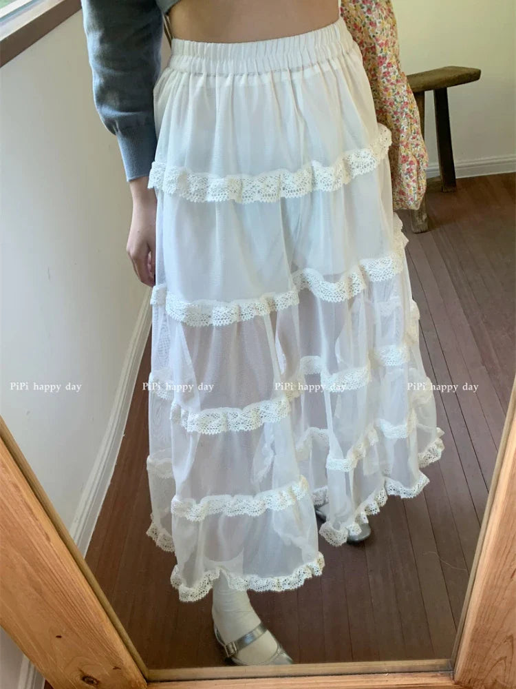 maoxiangshop Maxi Long Tulle White Mesh Skirts for Women Gothic Pleated Skirt Casual Fairycore Summer Jupe Longue Falda Mujer