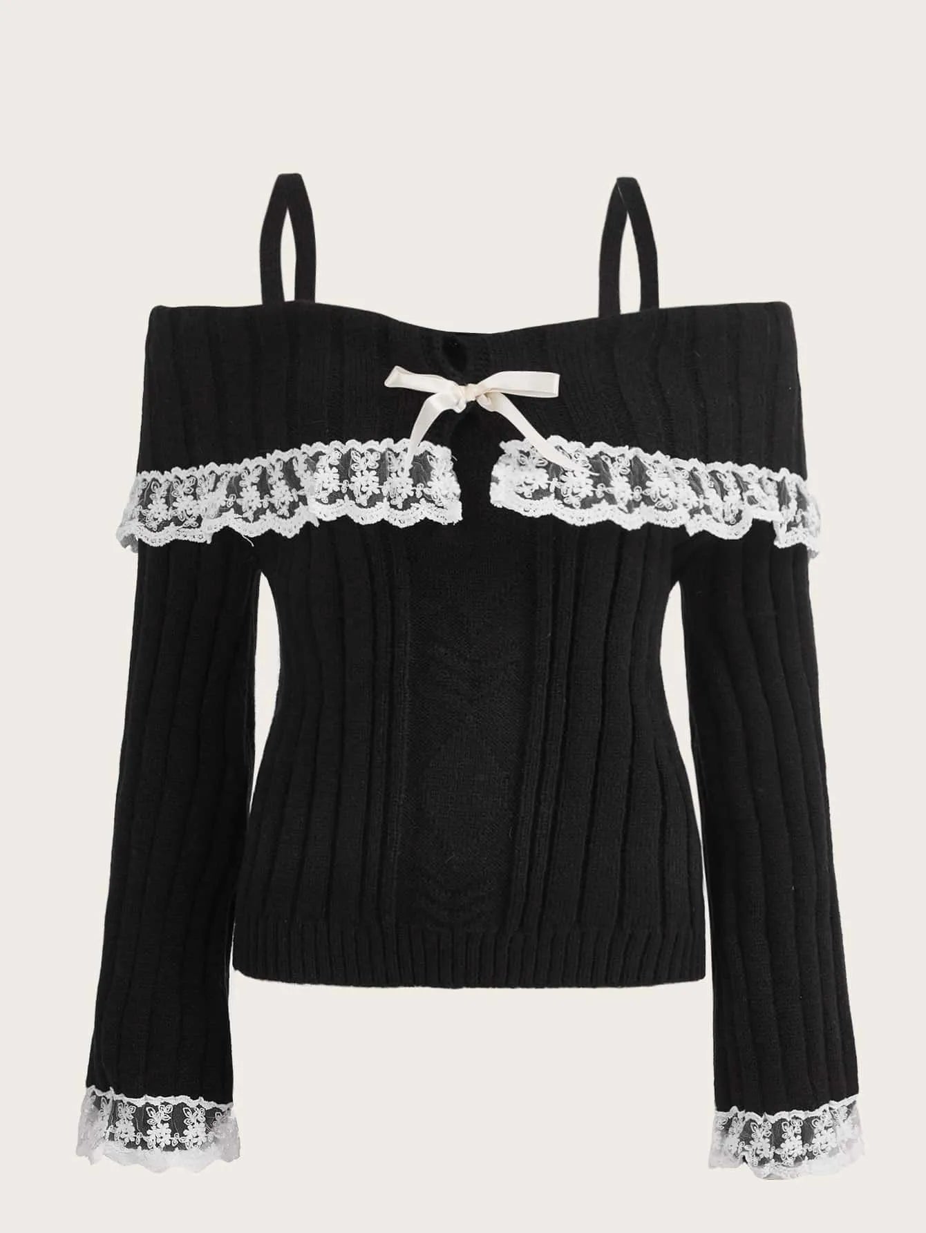 maoxiangshopWomen's Cold Shoulder Sweaters Long Sleeve Contrast Lace Knit Pullovers Bow Front Jumper Tops