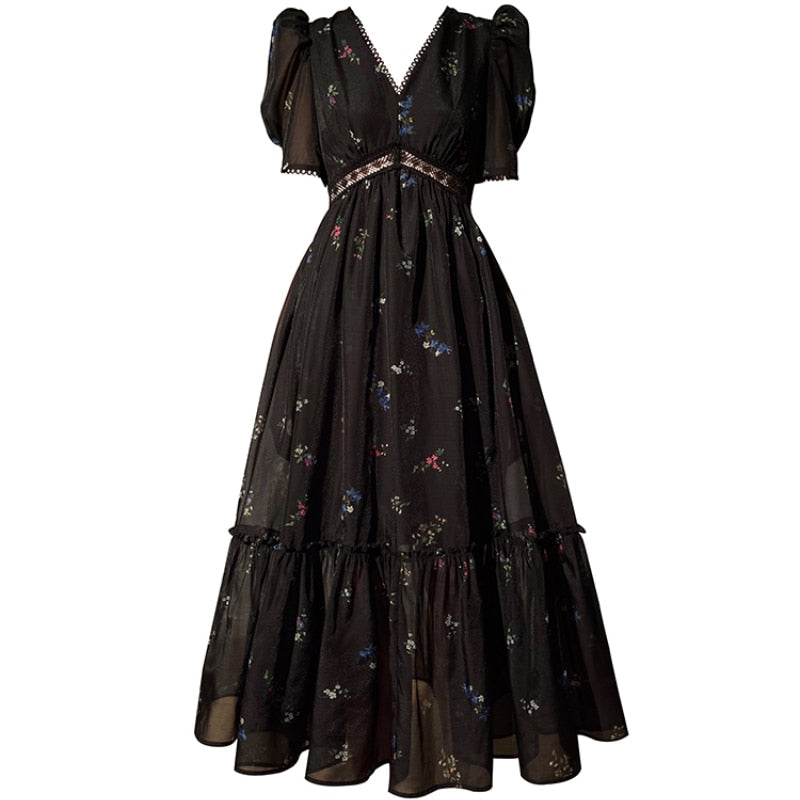 maoxiangshop Floral Dress for Women Fashion Vintage Short Sleeves V Neck Summer Dress French Style Folds Pullover Maxi Dress