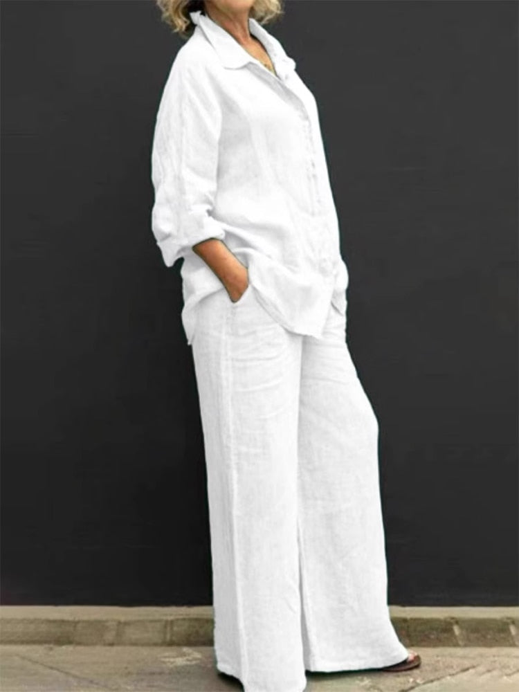 maoxiangshopWomen Cotton Linen Suits Elegant Solid Long Sleeve Shirt Wide Leg Trousers Two Piece Set Female Casual Straight Pants Suits