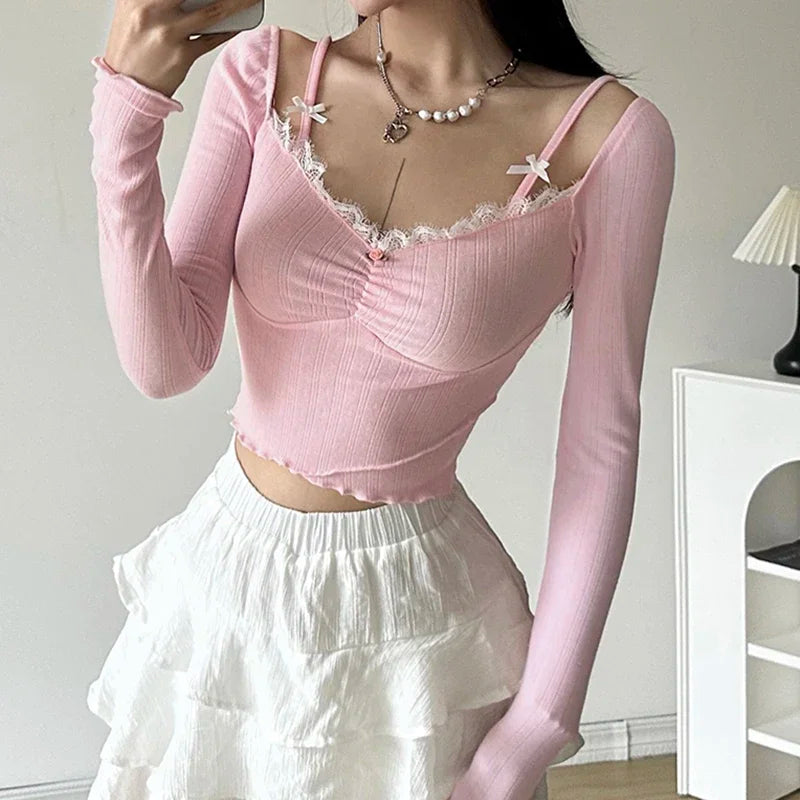 maoxiangshop-Sweet Lace Stitching V-neck Skinny Top Pink Coquette Aesthetic Slim-fit Long Sleeve Knitted T-shirts Cute Casual Tees