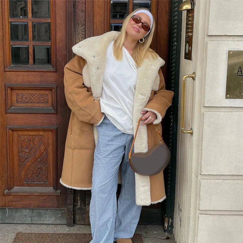 maoxiangshop - Fur Lined And Suede Integrated Long Coat Women Turn-down Collar Loose Pocket Trendy Single Breasted Outwear 2024 Winter Chic Top