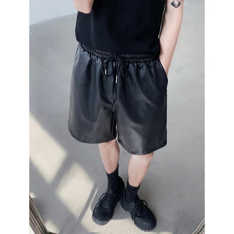 maoxiangshop Summer Leather Shorts Men Fashion Black Motorcycle Shorts Mens Streetwear Hip-hop Loose Leather Shorts Men Casual Shorts M-2XL