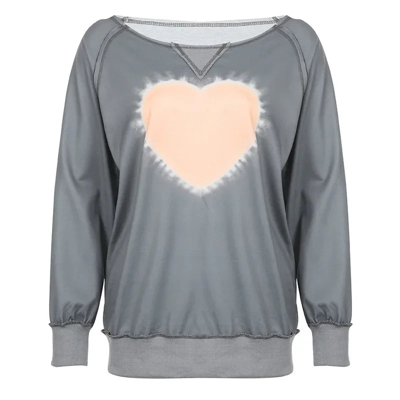 Love Tie Dye Gray Sweatshirts Streetwear Y2k Hoodie Irregular Long Sleeve Tops 90s Aesthetic Vintage Clothes P84-CF38