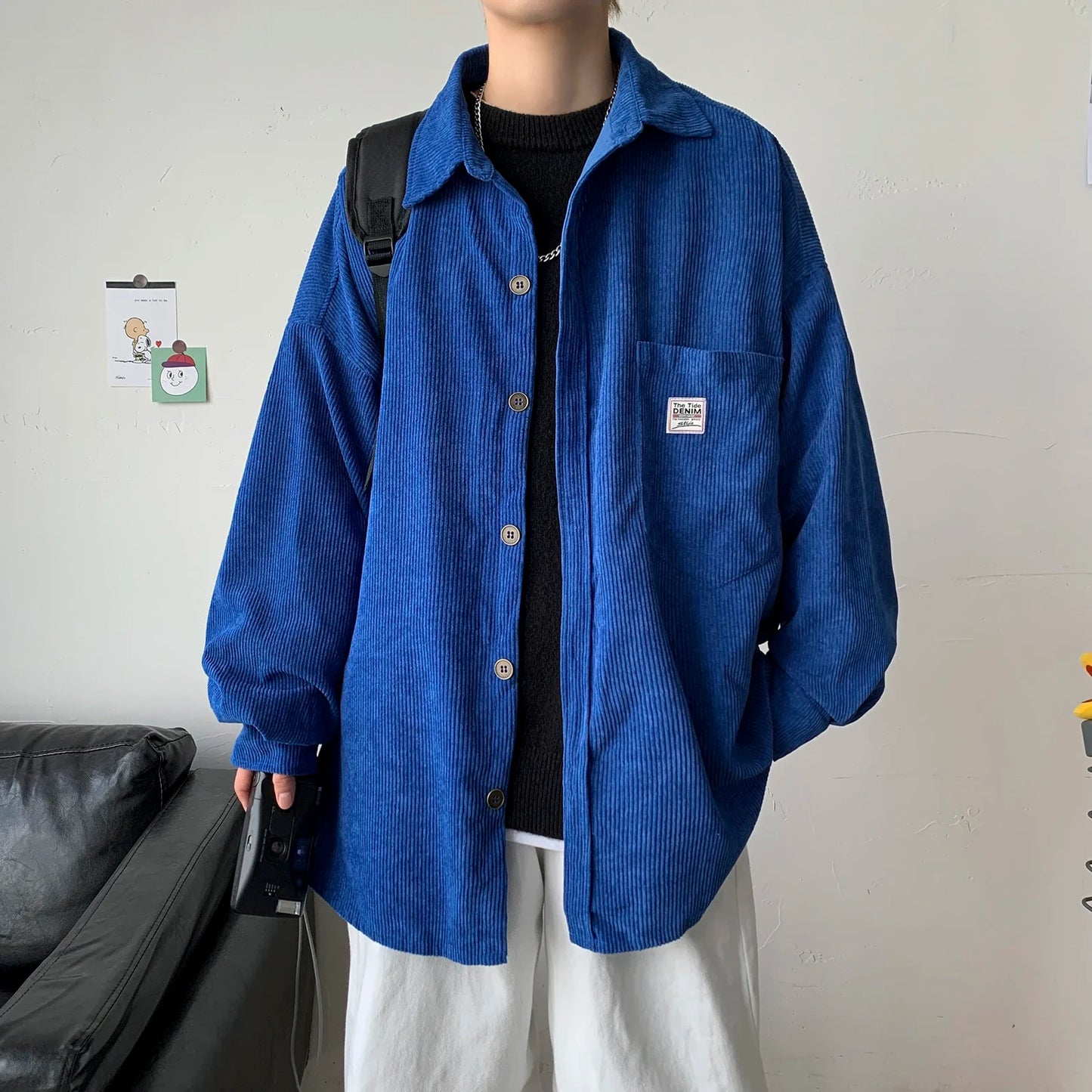 maoxiangshop Men Corduroy Shirts Harajuku Korean Loose Style Long Sleeve Vintage Streetwear Overshirt M-3XL