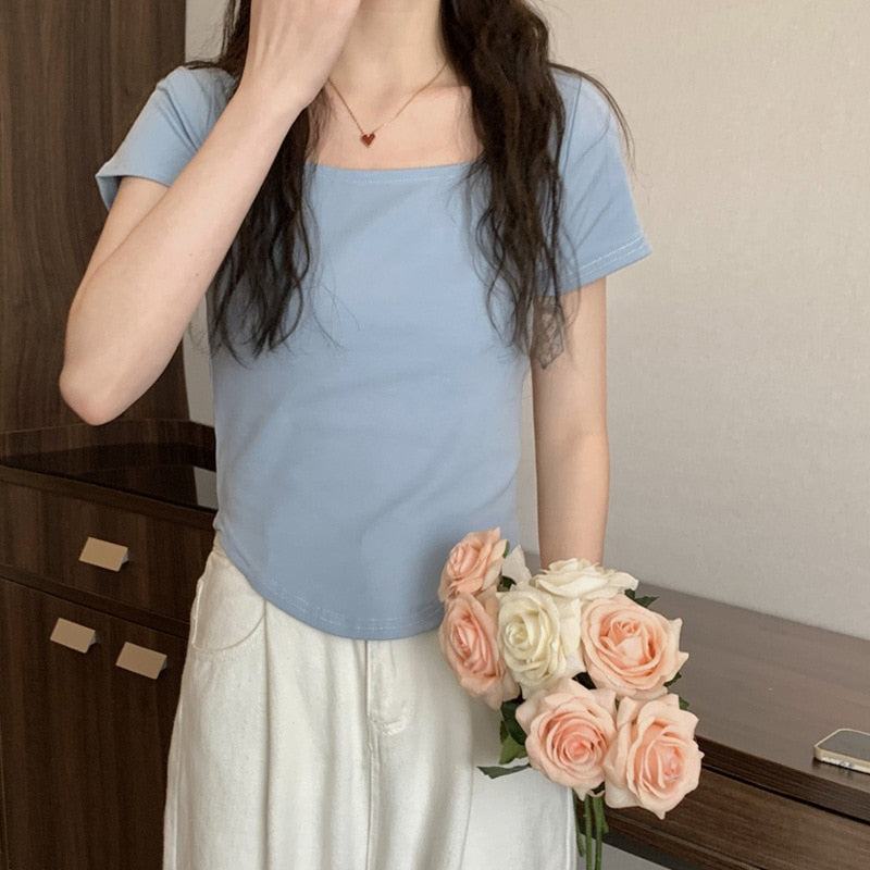 maoxiangshopWomen Long Sleeve Square Neck T-Shirt Spring And Autumn New Irregular Hem Slim Casual Top Girl Bottom Shirts
