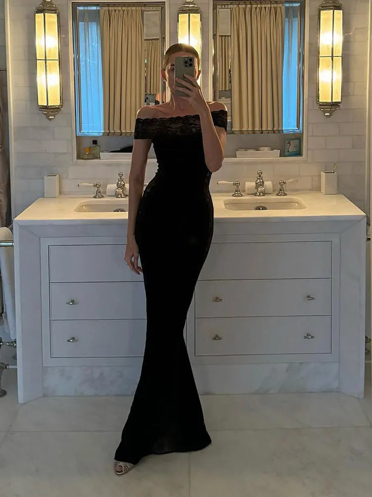 maoxiangshop - Fashion Solid Off Shoulder Lace Maxi Dress Ladies Elegant Sleeveless Slim Fit Dresses Women Winter Banquet Clubwear Vestidos