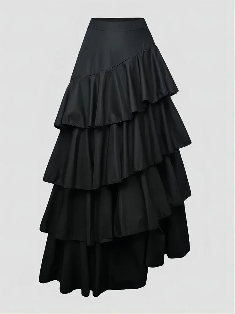 maoxiangshop Women's High Waist Layered Ruffle Maxi Cake Skirt Elegant Party Wedding Guest Y2K Solid Vintage Black Solid A Line Skirts