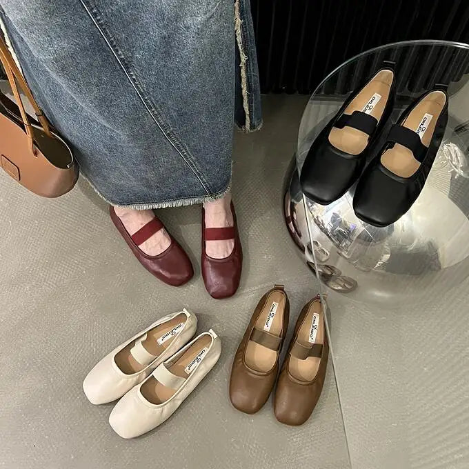 maoxiangshop - Korean Style Mary Jane Shoes Square Toe Women's Shoes PU Ballet Flats Spring/Autumn Flats Women Shoes