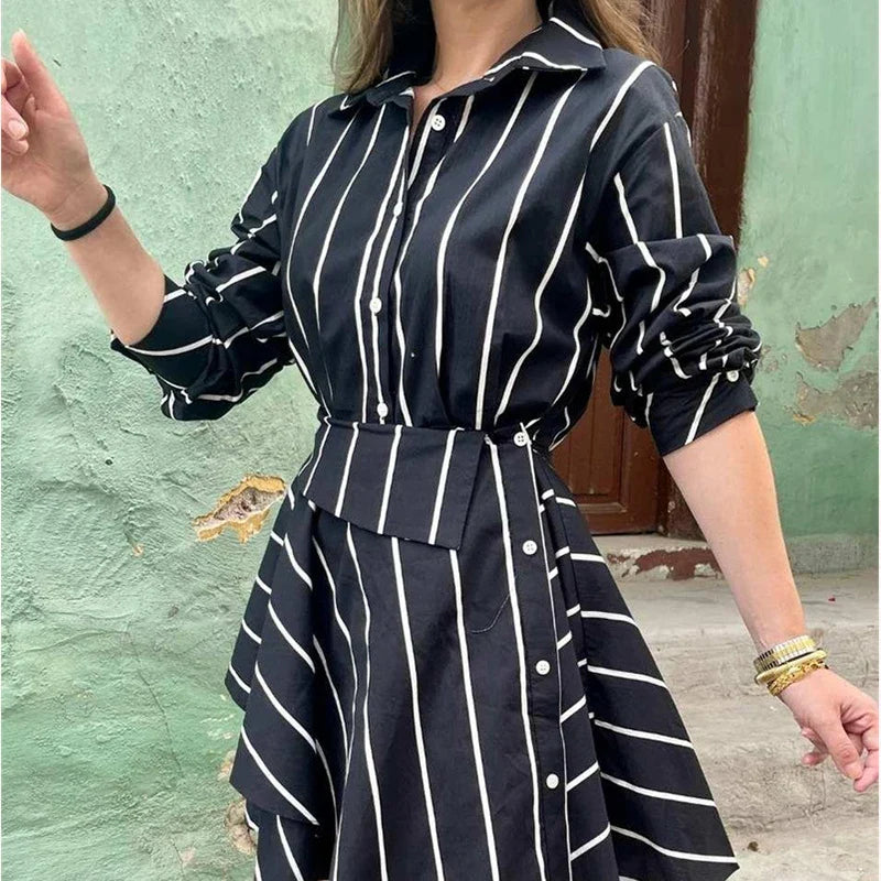 maoxiangshop - Women Mini Shirt Dress Autumn New Single Breasted Dress Female Vintage Striped Long Sleeve Dress Lady Casual Slim Dresses