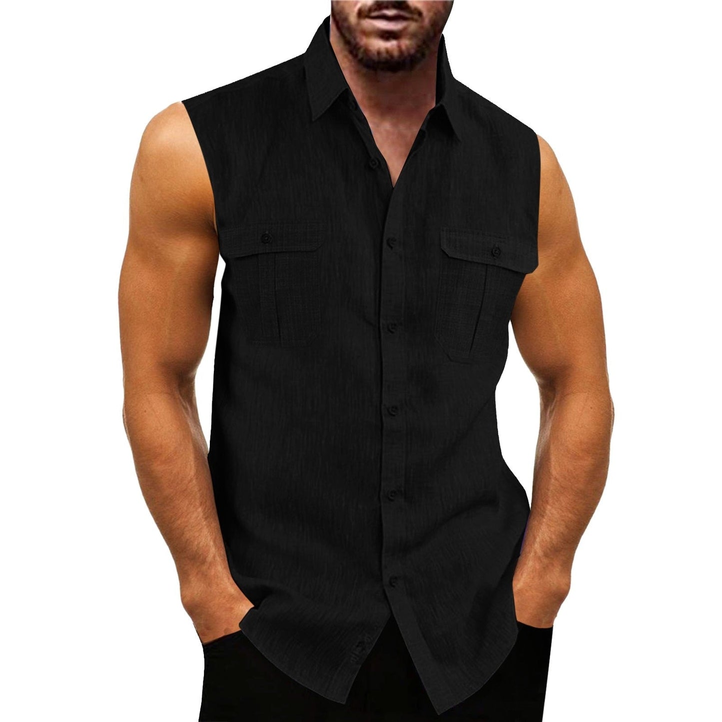 Summer Top Shirt Men Tank Top Turn Down Collar Sleeveless Shirts Pocket Imitation Linen Slim Fit Shirt For Men Summer Streetwear