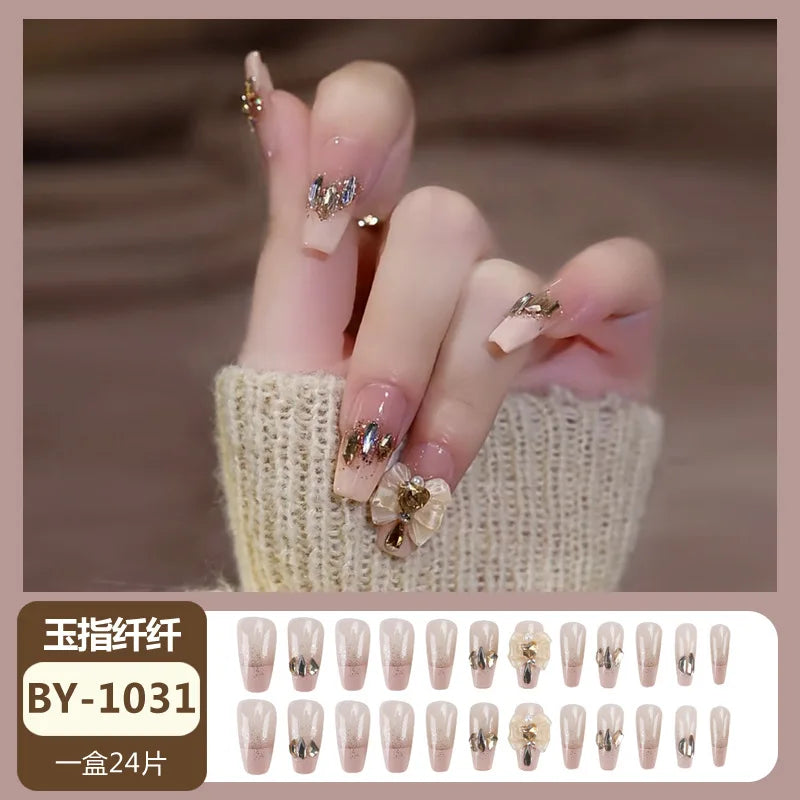 maoxiangshop 24pcs Wearable Pink Press On Fake Nails Tips With Glue false nails design Butterfly Lovely Girl false nails With Wearing Tools