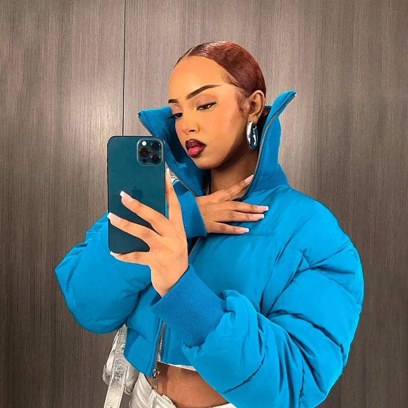 maoxiangshop - Autumn Winter Cotton Coat Women's High Collar Zipper Long Sleeve Short Cotton Jacket Street Loose Thickened Warm Jacket