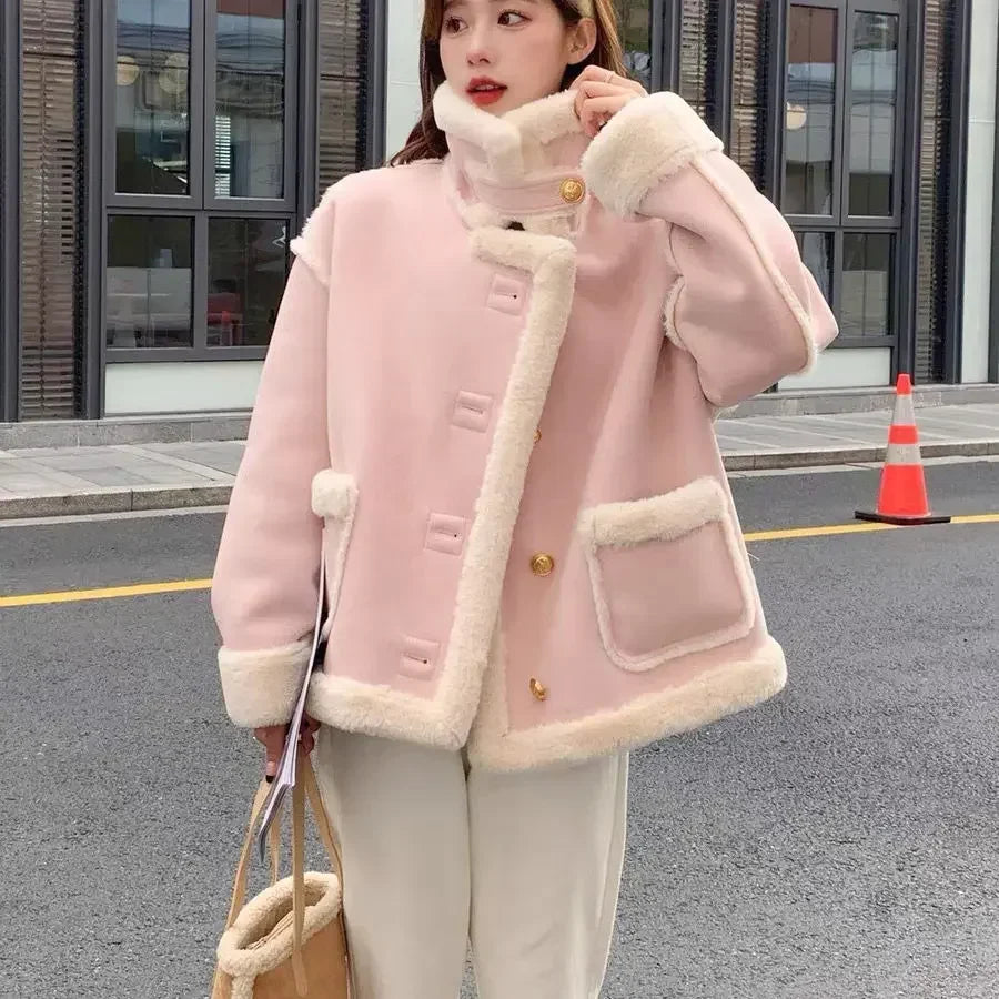 new Korean fashion Maillard fat MM purple Kawaii lamb suede plus velvet coat women's Y2K Harajuku loose casual warm coat