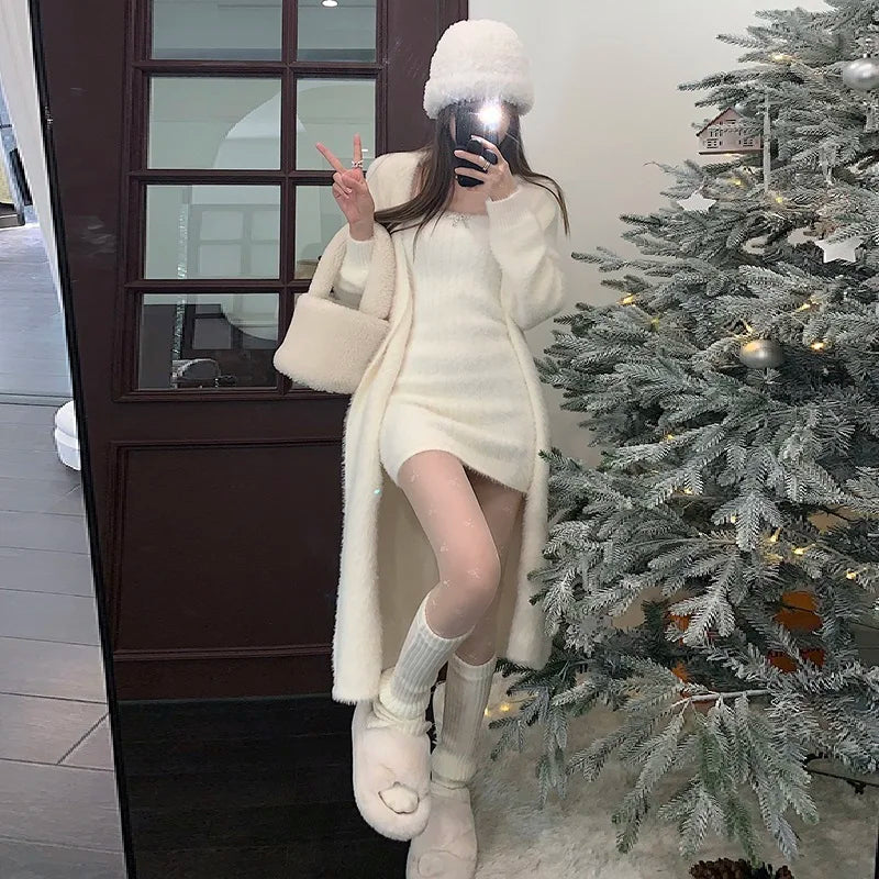 maoxiangshop Korean two piece dress elegant Knitted suit jacket mini dress for women luxury Sexy 2 piece sets white Cardigan two piece set