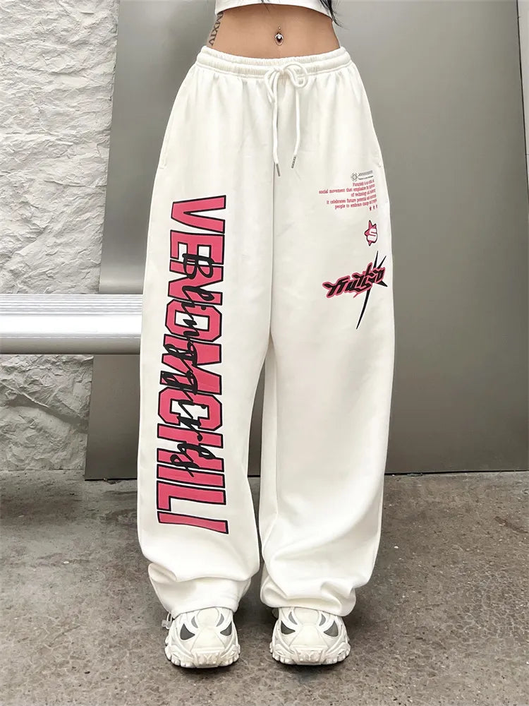 maoxiangshopDeeptown Korean Y2K White Sweatpants Women Streetwear Kpop Letter Print Sports Pants Oversized Hip Hop Wide Leg Jogging Trousers
