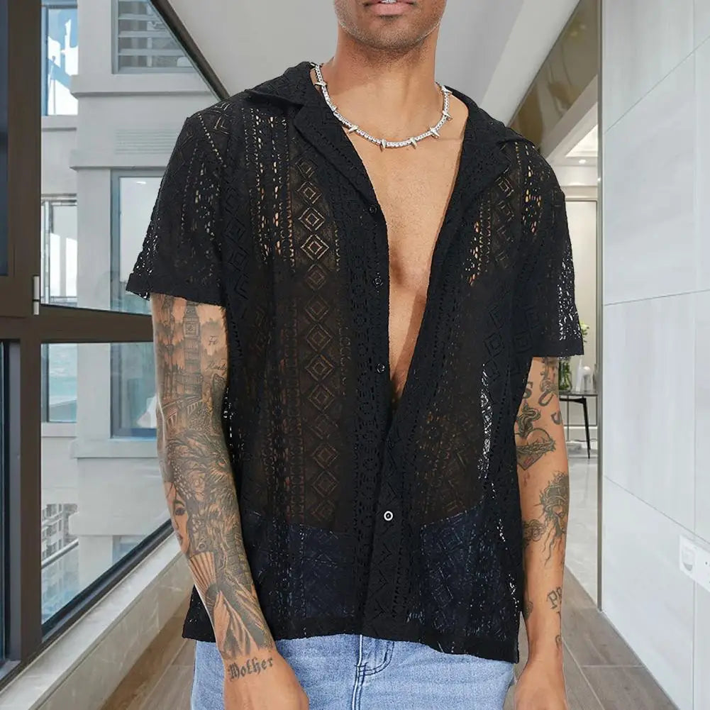 maoxiangshop Stylish Men T-shirt Mid-length Solid Color Soft Breathable See-through Men Shirt Men Shirt Daily Wear