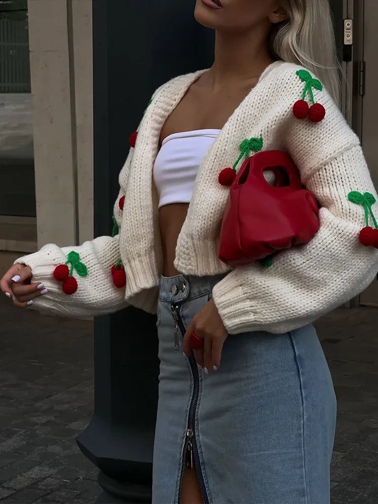 maoxiangshop - Sweet 3d Cherry Embroidery Cropped Knitted Cardigan 2024 Autumn Women Elegant Long Sleeve Short Sweater Female Chic Streetwear