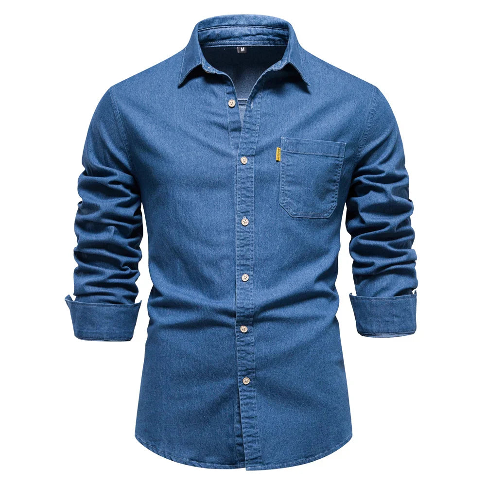 maoxiangshop Autumn New Cotton Men's Denim Shirt Solid Color Single Pocket Casual Long Sleeve Shirt Autumn Jeans Shirt for Men