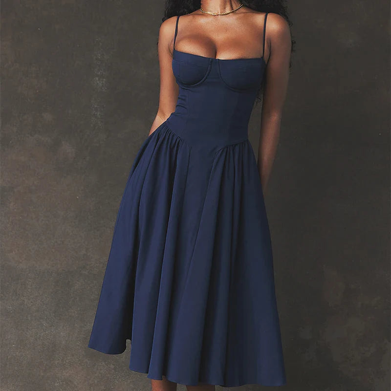 maoxiangshop Khaki Midi Dresses Elegant Chic Women Holiday Party Dress Vintage Sexy Pleated Sleeveless Casual Long Dress Backless