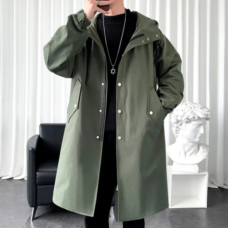 maoxiangshop New Autumn Men's Jacket Trench Coats Pie Over Solid Color Hooded Men's Fashion Handsome Leisure Long Jacket Trench Coats