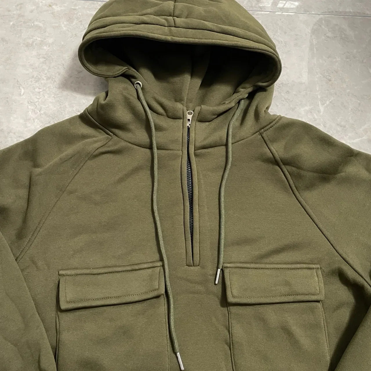 maoxiangshop Half Zipper Men's Hoodies Solid Warm Fleece Sweatshirts Multi Pockets Male Hooded Jackets Thick Outdoor Polar