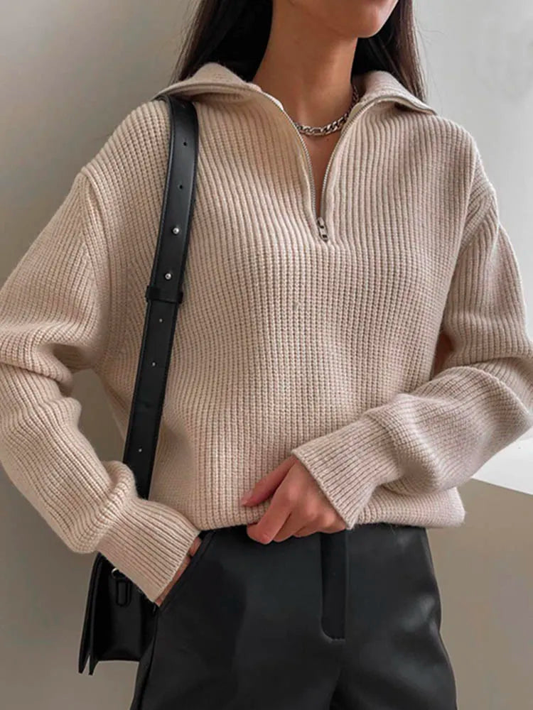maoxiangshopKnitted Zippers Sweater Women LOOSE Solid Warm Fashion Women Sweaters New Long Sleeved Top Oversized Women's Sweaters