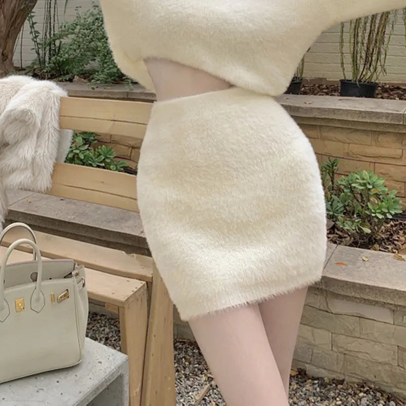 maoxiangshop Autumn Spring Women Mini Furry Skirt Faldas Mujer Moda Slim Sexy High Waist Wrap Hip Black Bottom Wild Woolen Elegant Korean
