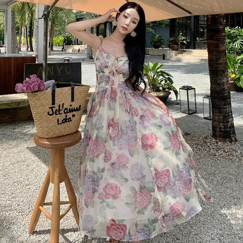 maoxiangshop Summer Chiffon Beach Maxi Dress Women Fashion Print Floral Backless Bandage Slip Dress Elegant Evening Party Fairy Dresses