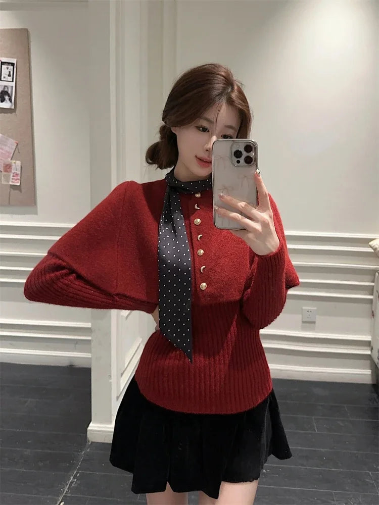 maoxiangshop - Vintage Red Poncho Sweater Women Ribbed Knitwear Two-Piece Set Pullover Korean Cutecore Long Sleeve Christmas Clothes