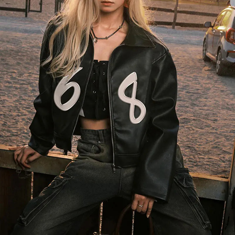 maoxiangshopY2k Bow Pu Leather Jacket Women Autumn Fashion Zipper Polo Collar Tops Sweet Cool Personal Street Vintage Oversized Coats