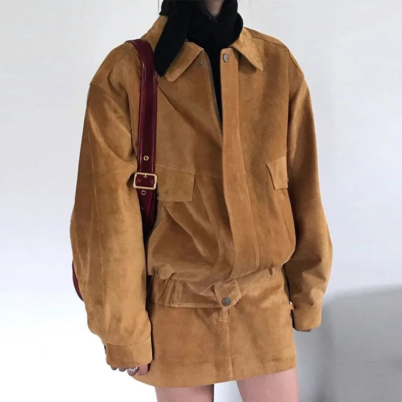 maoxiangshop - Autumn Vintage 2 Piece Sets Laple Neck Long Sleeve Zipper Women Baseball Jacket High Waist A-line Skirts Casual 2 Piece Outfits