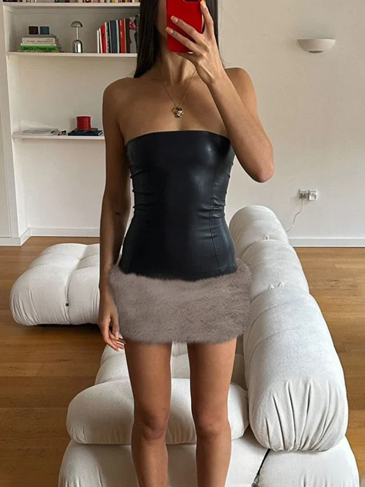 maoxiangshop - Fur Splice Strap Mini Dress For Women Slash Neck Hot Girl Club Party Dress Autumn Winter Fashion Slim Sleeveless Dress