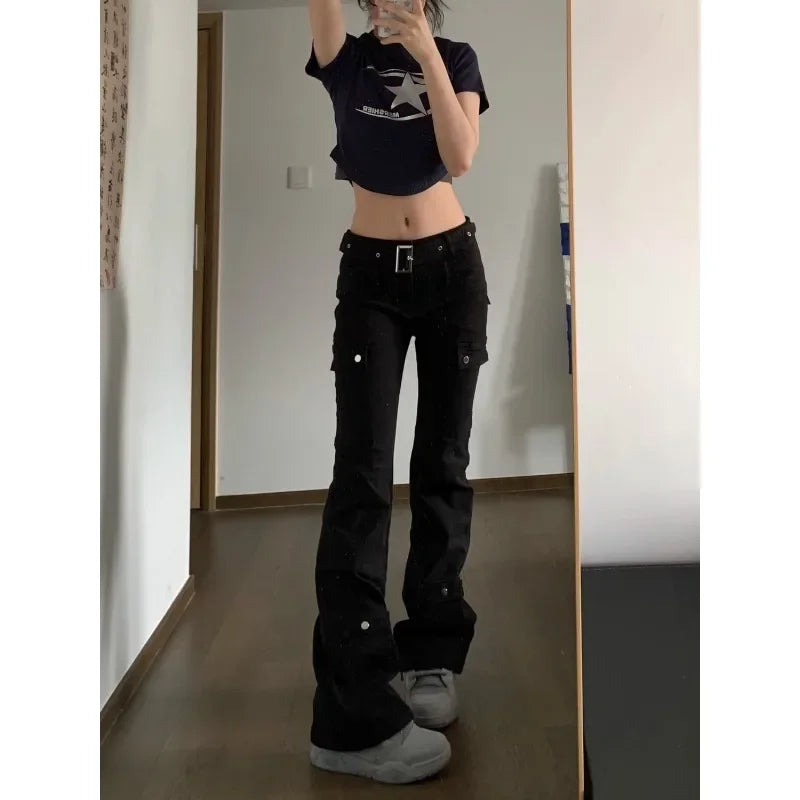 maoxiangshop - Y2k Streetwear Cargo Jeans Women Black Gyaru Gothic Grunge Flare Denim Pants Vintage Korean Style Tights Trousers Baddies