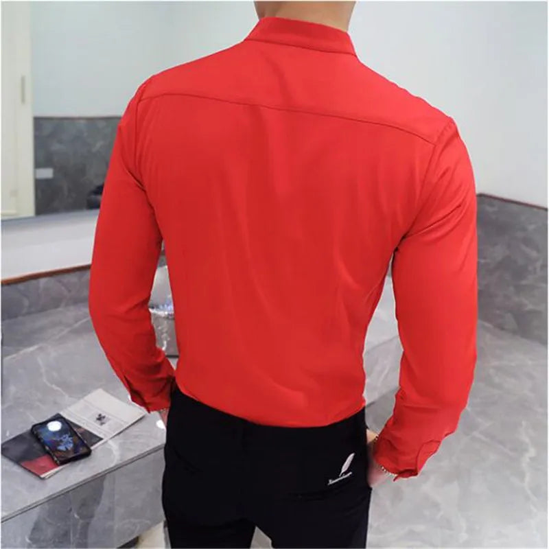 maoxiangshop Mens Long Sleeve Shirt High Quality Stand Collar Casual Slim Solid Color Summer Fashion Men's Clothing Shirt Oversized Size 5XL