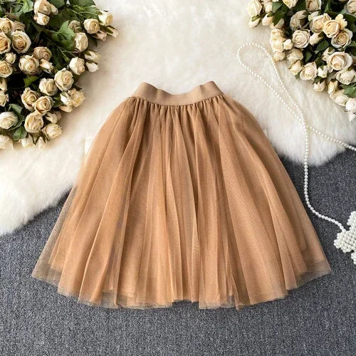 maoxiangshop Sweet Women Mini Skirt Mesh Solid Tierred Ruffles Elastic Waist Women's Clothing Almighty A-line Tulle Skirts Summer