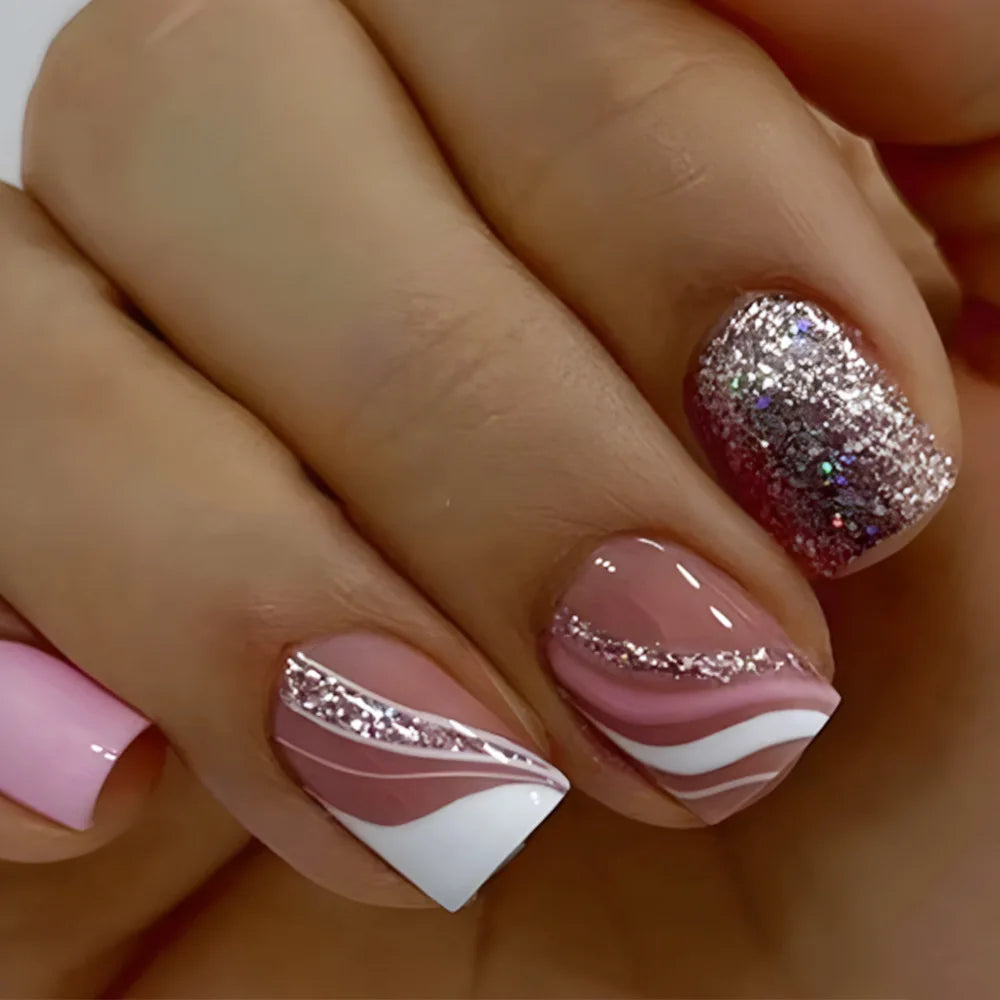 maoxiangshop 24pcs/set ballet short fake nails for Valentine's Day cute heart with glitters french white square tips press on false nail art