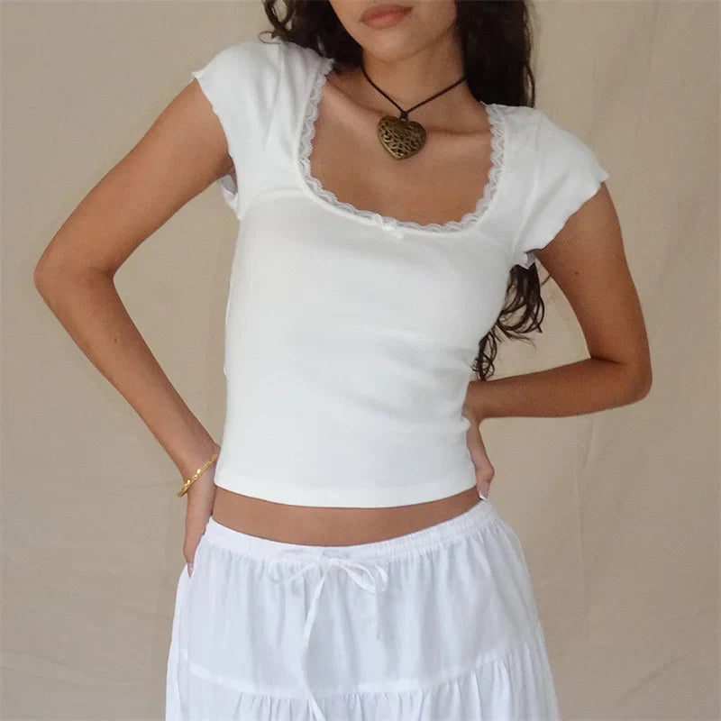 maoxiangshopY2k Vintage Baby Tee Cottage Lace Trim Knitted T-Shirt Summer Square Neck Short Sleeve Tee Shirt Women White Milkmaid Crop Top