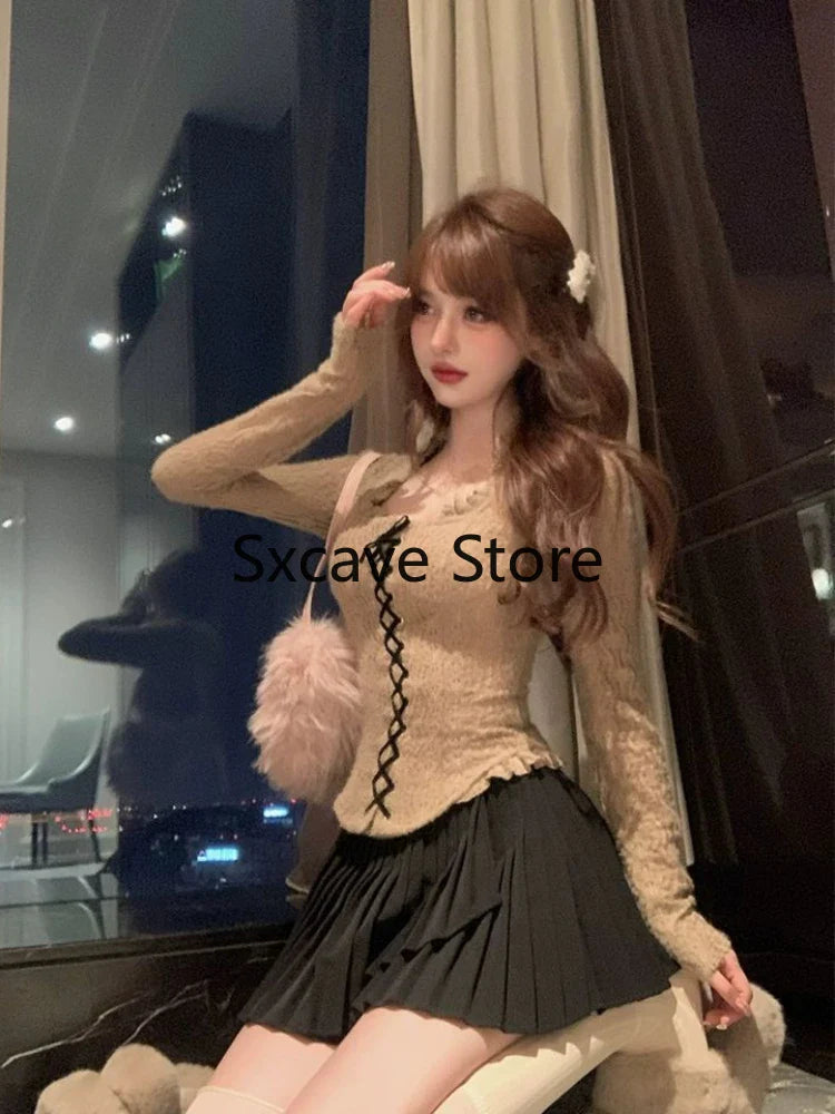 Autumn Pure Color Knitted Sweater Women Outwear Casual Long Sleeve Sexy Vintage Lace Pullovers Bodycon Y2k Blouse Korean