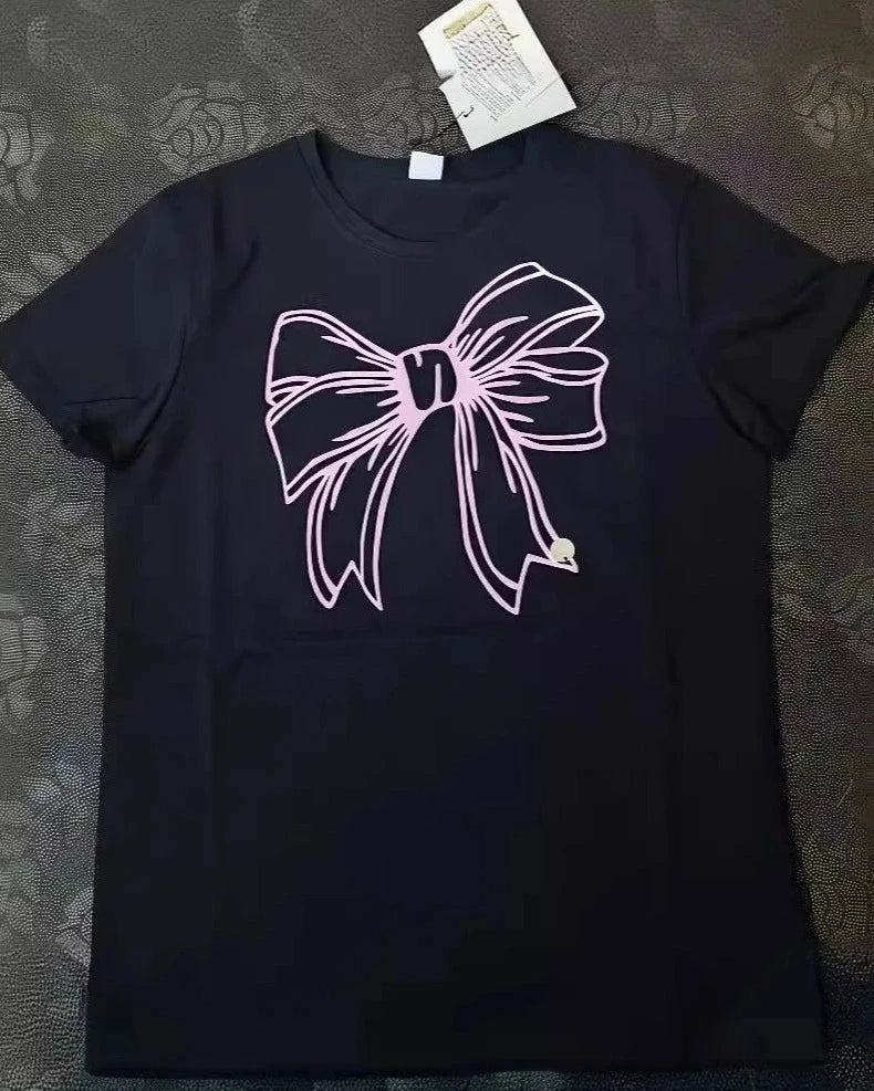 maoxiangshop - Large Bow Print Cute Women T-shirts Short Sleeve O-neck Loose Sweet Summer Tees Cotton 2024 New Fashion Korean Chic Tops Woman