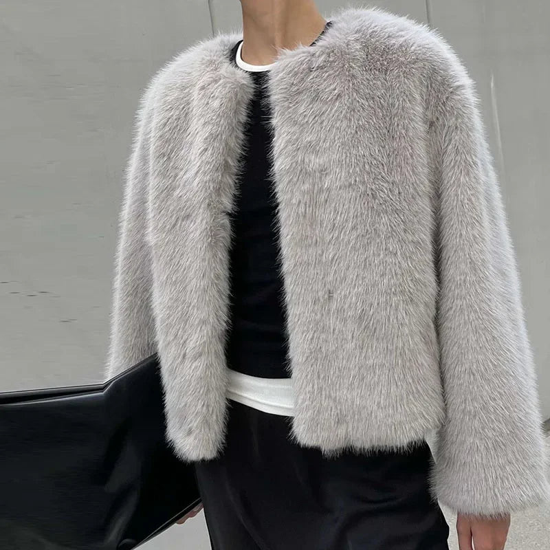 maoxiangshop - Elegant Faux Fur Women Coat Thicken Full Sleeve O Neck Lady Short Jacket 2024 Autumn Winter Warm Highstreet Female Outwear
