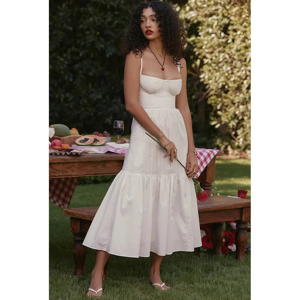 maoxiangshop White Women's Summer Dress Linen-cotton Blend Jacquard Dress Elegant Sexy Midi Vacation Holiday Dress