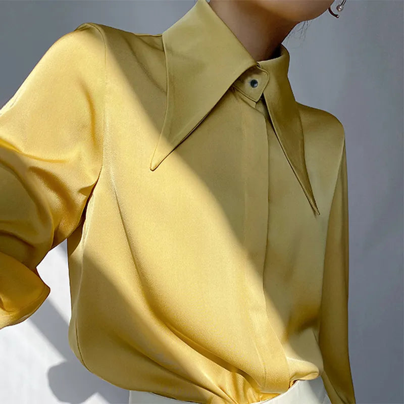 maoxiangshopAutumn Vintage Satin Silk Women Shirt Elegant Turn Down Collar Woman Blouse White Long Sleeve Ladies Shirts Tops Blusas 16946